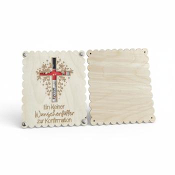Holzkarte zur Konfirmation oder Kommunion mit eingelegtem Geldschein als Geschenkidee.